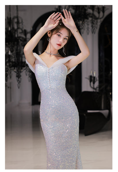 Elegant Luxury Women Shiny Sequin Off shoulder Mermaid Fishtail Prom Evening Long Gown Dress