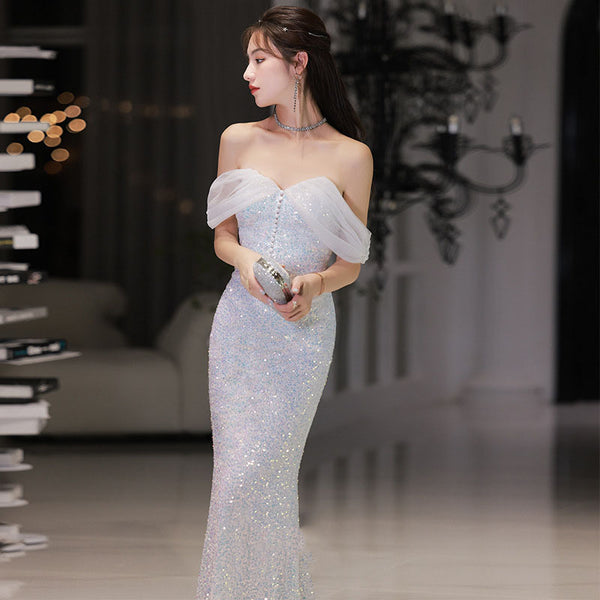 Elegant Luxury Women Shiny Sequin Off shoulder Mermaid Fishtail Prom Evening Long Gown Dress