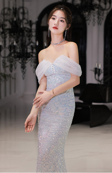 Elegant Luxury Women Shiny Sequin Off shoulder Mermaid Fishtail Prom Evening Long Gown Dress