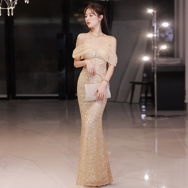 Elegant Luxury Women Shiny Sequin Off shoulder Mermaid Fishtail Prom Evening Long Gown Dress