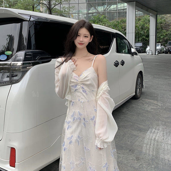 Fairy Sweet Cute Vintage Women Princess Mesh Sequins Butterfly Sparkles Slip Spaghetti Strap Tulle Dress