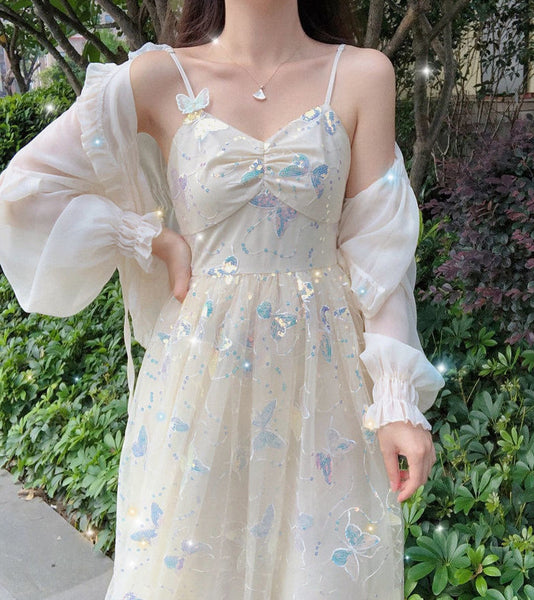 Fairy Sweet Cute Vintage Women Princess Mesh Sequins Butterfly Sparkles Slip Spaghetti Strap Tulle Dress