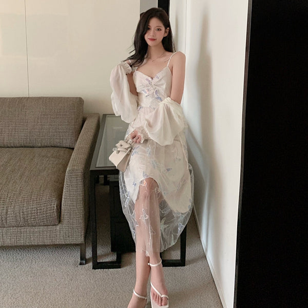 Fairy Sweet Cute Vintage Women Princess Mesh Sequins Butterfly Sparkles Slip Spaghetti Strap Tulle Dress