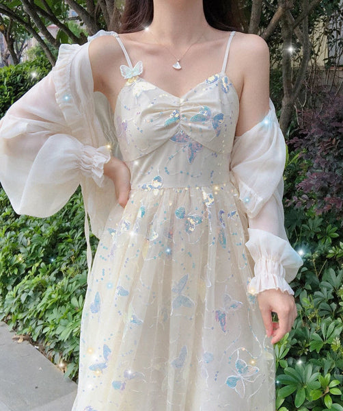 Fairy Sweet Cute Vintage Women Princess Mesh Sequins Butterfly Sparkles Slip Spaghetti Strap Tulle Dress