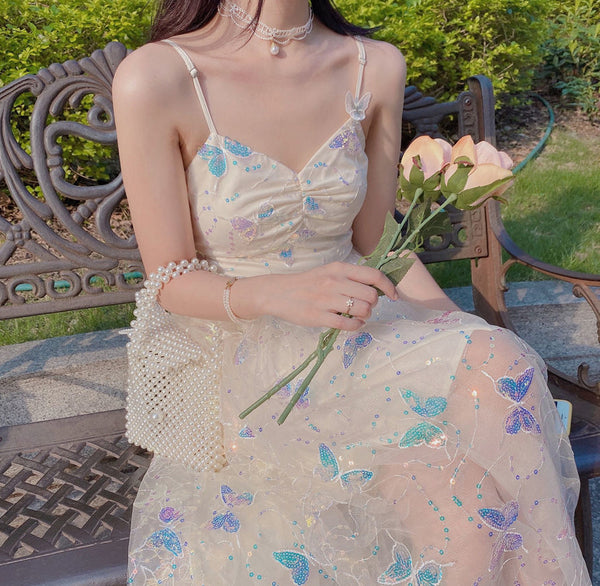 Fairy Sweet Cute Vintage Women Princess Mesh Sequins Butterfly Sparkles Slip Spaghetti Strap Tulle Dress
