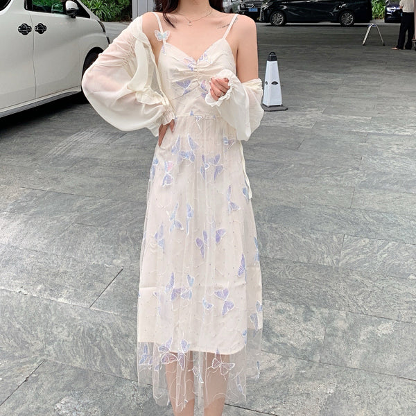 Fairy Sweet Cute Vintage Women Princess Mesh Sequins Butterfly Sparkles Slip Spaghetti Strap Tulle Dress