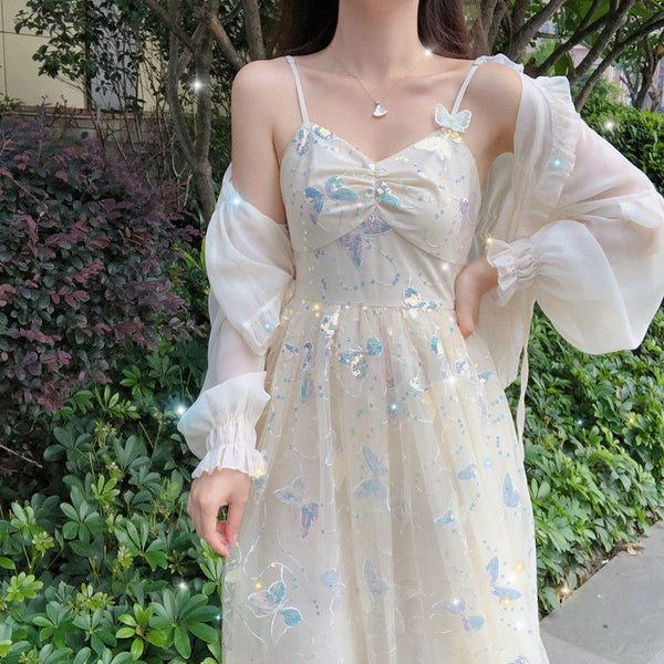 Fairy Sweet Cute Vintage Women Princess Mesh Sequins Butterfly Sparkles Slip Spaghetti Strap Tulle Dress