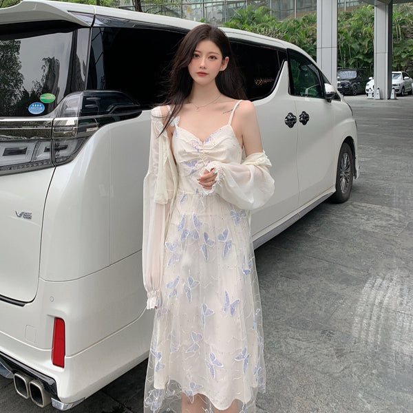 Fairy Sweet Cute Vintage Women Princess Mesh Sequins Butterfly Sparkles Slip Spaghetti Strap Tulle Dress