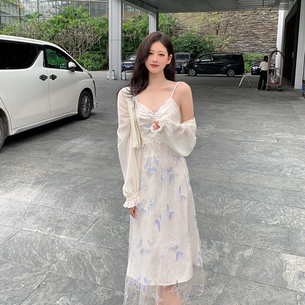 Fairy Sweet Cute Vintage Women Princess Mesh Sequins Butterfly Sparkles Slip Spaghetti Strap Tulle Dress