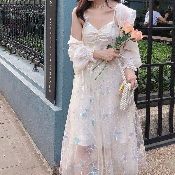 Fairy Sweet Cute Vintage Women Princess Mesh Sequins Butterfly Sparkles Slip Spaghetti Strap Tulle Dress