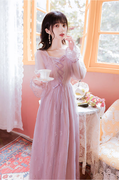 Fairy Women Princess Vintage Mesh Lilac Lace Embroidered Square Neck Long Sleeves Party Ball Dress