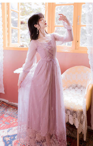 Fairy Women Princess Vintage Mesh Lilac Lace Embroidered Square Neck Long Sleeves Party Ball Dress