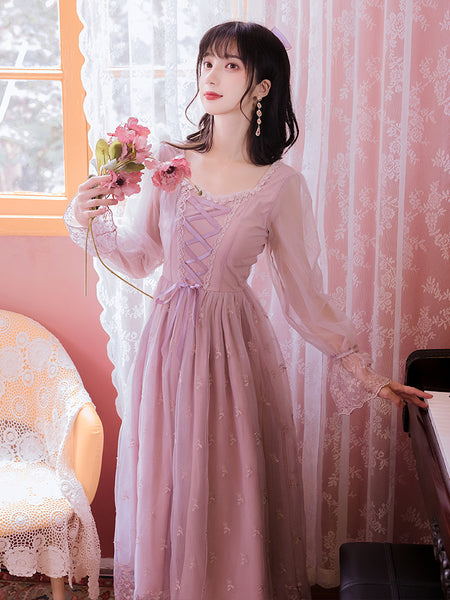 Fairy Women Princess Vintage Mesh Lilac Lace Embroidered Square Neck Long Sleeves Party Ball Dress