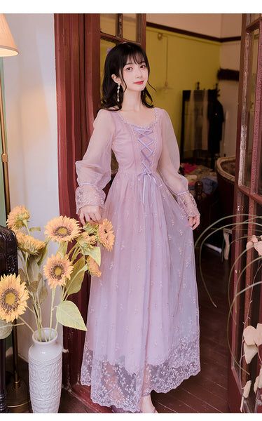 Fairy Women Princess Vintage Mesh Lilac Lace Embroidered Square Neck Long Sleeves Party Ball Dress
