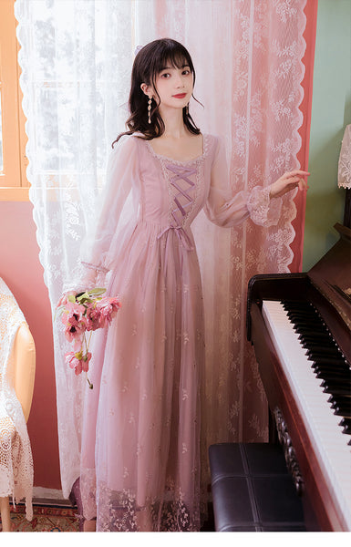 Fairy Women Princess Vintage Mesh Lilac Lace Embroidered Square Neck Long Sleeves Party Ball Dress