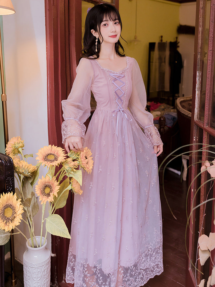 Fairy Women Princess Vintage Mesh Lilac Lace Embroidered Square Neck Long Sleeves Party Ball Dress