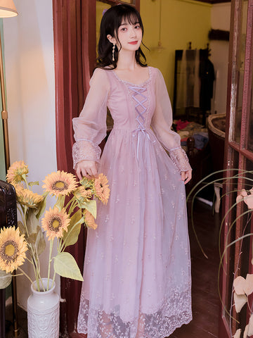 Fairy Women Princess Vintage Mesh Lilac Lace Embroidered Square Neck Long Sleeves Party Ball Dress