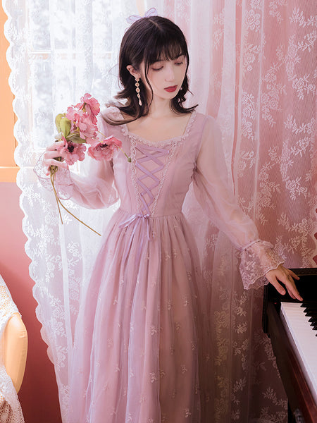 Fairy Women Princess Vintage Mesh Lilac Lace Embroidered Square Neck Long Sleeves Party Ball Dress