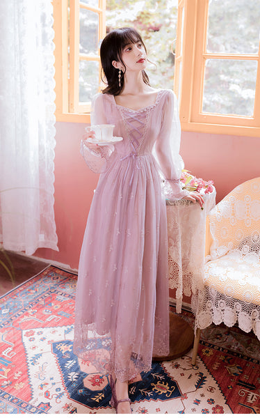 Fairy Women Princess Vintage Mesh Lilac Lace Embroidered Square Neck Long Sleeves Party Ball Dress