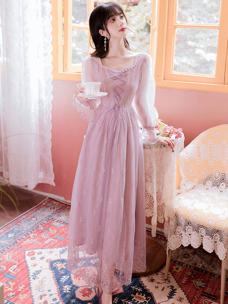 Fairy Women Princess Vintage Mesh Lilac Lace Embroidered Square Neck Long Sleeves Party Ball Dress