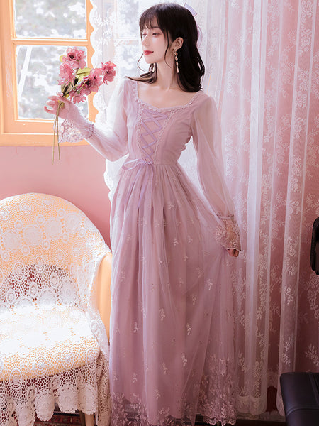 Fairy Women Princess Vintage Mesh Lilac Lace Embroidered Square Neck Long Sleeves Party Ball Dress