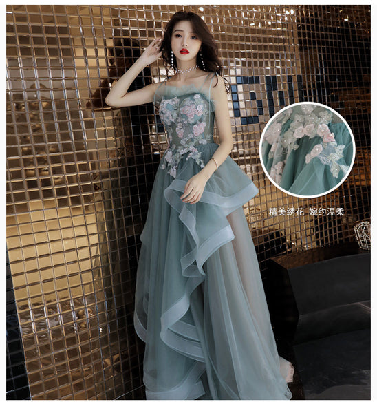 Luxury Attractive Women Modern Jade Green Spaghetti Straps Floral Pattern Irregular Pleated Evening Long Prom Dress