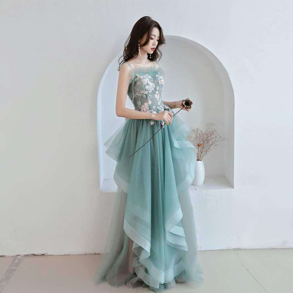 Luxury Attractive Women Modern Jade Green Spaghetti Straps Floral Pattern Irregular Pleated Evening Long Prom Dress