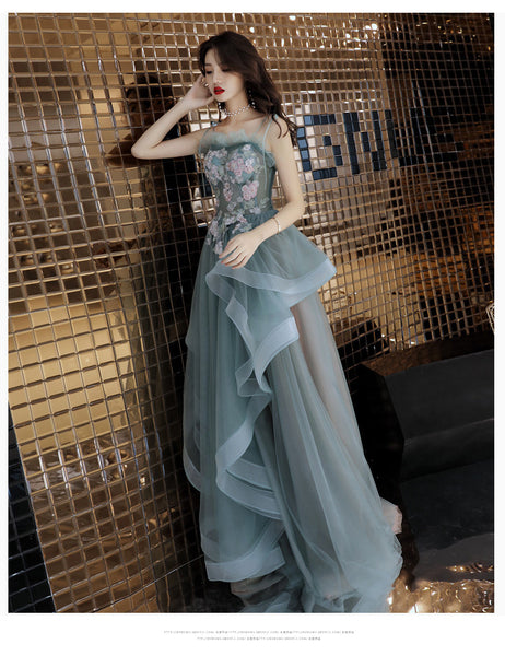 Luxury Attractive Women Modern Jade Green Spaghetti Straps Floral Pattern Irregular Pleated Evening Long Prom Dress