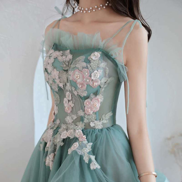 Luxury Attractive Women Modern Jade Green Spaghetti Straps Floral Pattern Irregular Pleated Evening Long Prom Dress