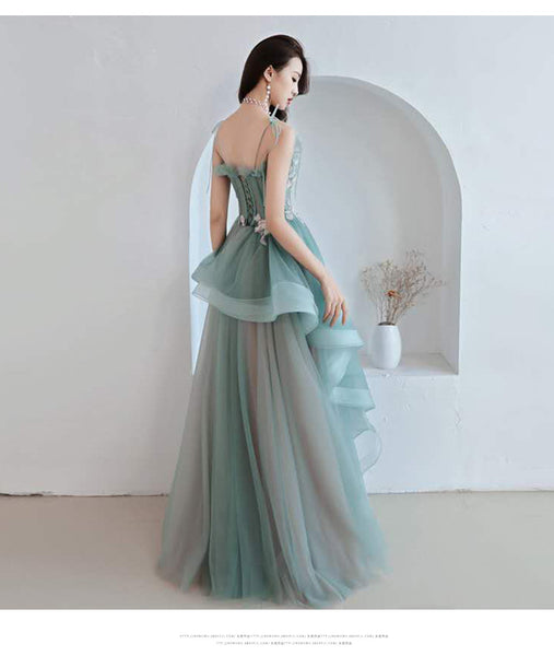 Luxury Attractive Women Modern Jade Green Spaghetti Straps Floral Pattern Irregular Pleated Evening Long Prom Dress