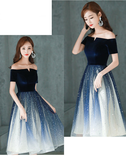 Elegant Temperament Women Fashion Gradient Color Change Off Shoulder Short Sleeves Evening Dinner Meeting Dress