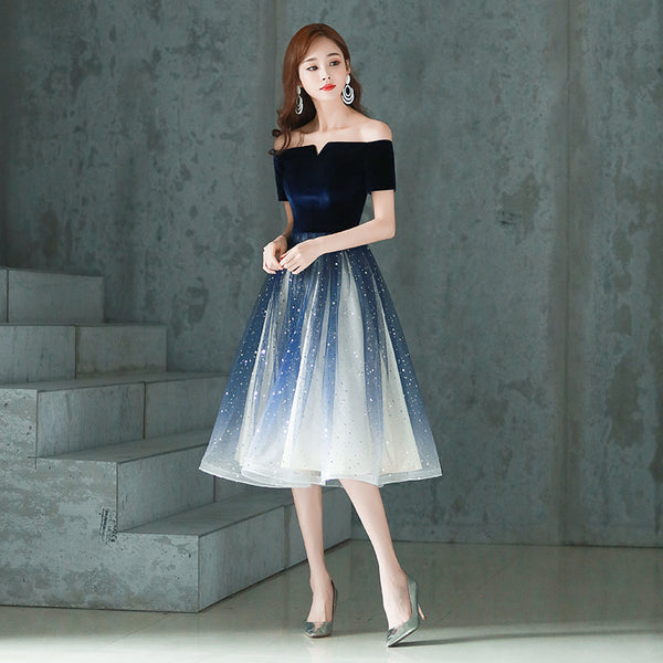 Elegant Temperament Women Fashion Gradient Color Change Off Shoulder Short Sleeves Evening Dinner Meeting Dress