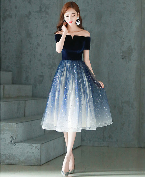 Elegant Temperament Women Fashion Gradient Color Change Off Shoulder Short Sleeves Evening Dinner Meeting Dress