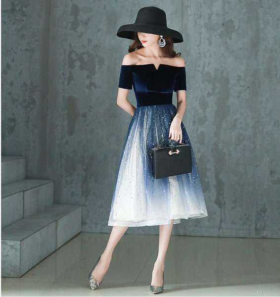 Elegant Temperament Women Fashion Gradient Color Change Off Shoulder Short Sleeves Evening Dinner Meeting Dress