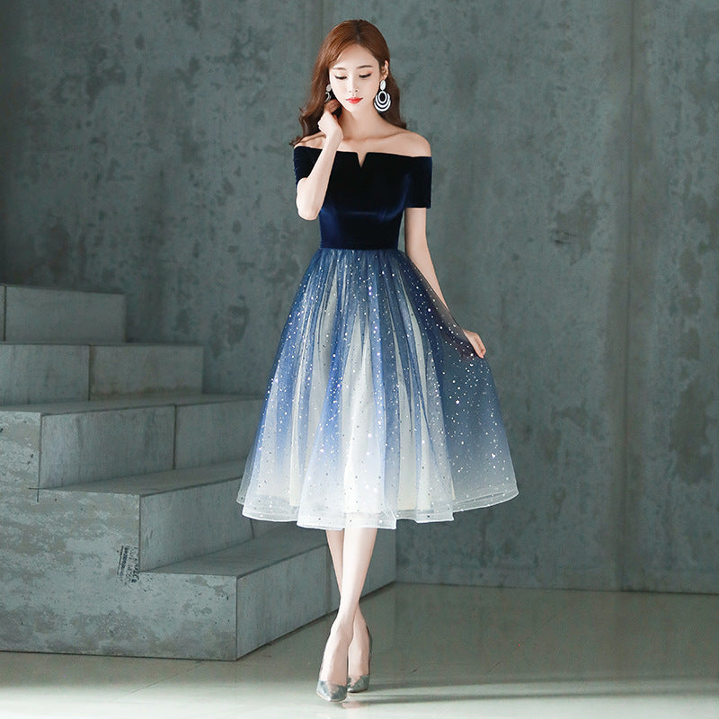 Elegant Temperament Women Fashion Gradient Color Change Off Shoulder Short Sleeves Evening Dinner Meeting Dress