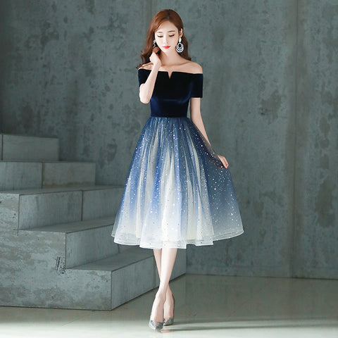 Elegant Temperament Women Fashion Gradient Color Change Off Shoulder Short Sleeves Evening Dinner Meeting Dress