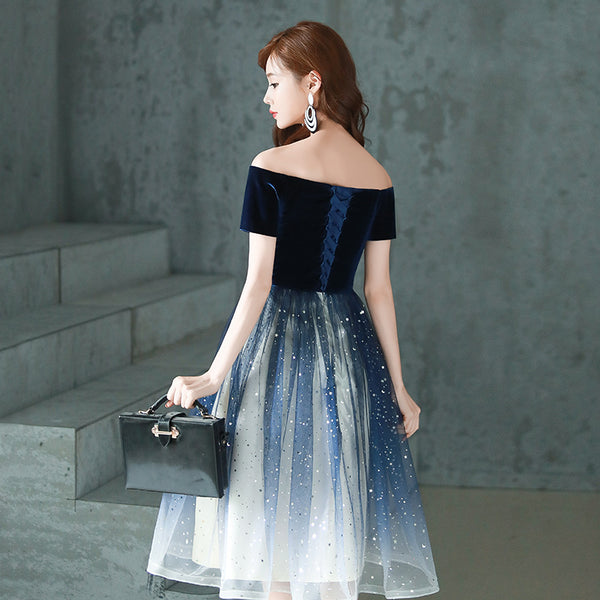 Elegant Temperament Women Fashion Gradient Color Change Off Shoulder Short Sleeves Evening Dinner Meeting Dress