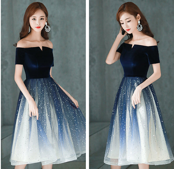 Elegant Temperament Women Fashion Gradient Color Change Off Shoulder Short Sleeves Evening Dinner Meeting Dress
