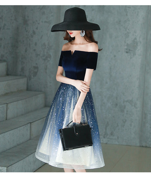 Elegant Temperament Women Fashion Gradient Color Change Off Shoulder Short Sleeves Evening Dinner Meeting Dress