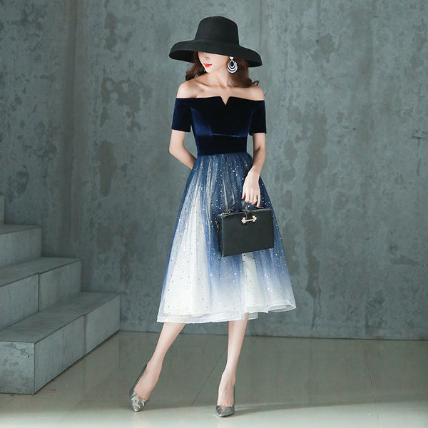 Elegant Temperament Women Fashion Gradient Color Change Off Shoulder Short Sleeves Evening Dinner Meeting Dress