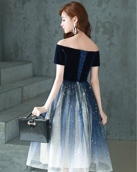 Elegant Temperament Women Fashion Gradient Color Change Off Shoulder Short Sleeves Evening Dinner Meeting Dress