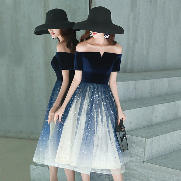 Elegant Temperament Women Fashion Gradient Color Change Off Shoulder Short Sleeves Evening Dinner Meeting Dress