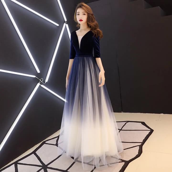 Elegant Women Round Neck Half Sleeve Gradient Color Velvet Mesh Stitching Banquet Long Party Dress