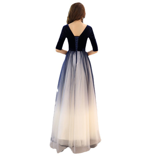 Elegant Women Round Neck Half Sleeve Gradient Color Velvet Mesh Stitching Banquet Long Party Dress