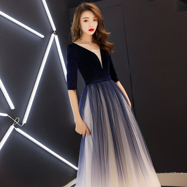 Elegant Women Round Neck Half Sleeve Gradient Color Velvet Mesh Stitching Banquet Long Party Dress
