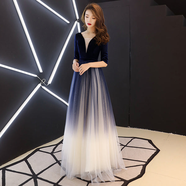 Elegant Women Round Neck Half Sleeve Gradient Color Velvet Mesh Stitching Banquet Long Party Dress