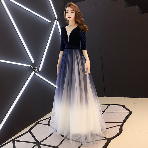 Elegant Women Round Neck Half Sleeve Gradient Color Velvet Mesh Stitching Banquet Long Party Dress