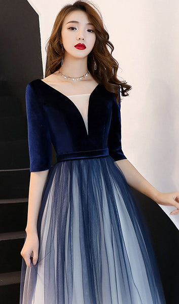 Elegant Women Round Neck Half Sleeve Gradient Color Velvet Mesh Stitching Banquet Long Party Dress