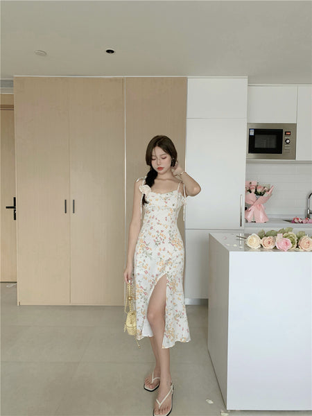 Summer Temperament Lovely Women Floral Sleeveless Spaghetti Straps Side Split High Waist Dress