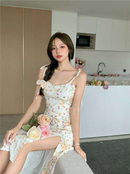 Summer Temperament Lovely Women Floral Sleeveless Spaghetti Straps Side Split High Waist Dress
